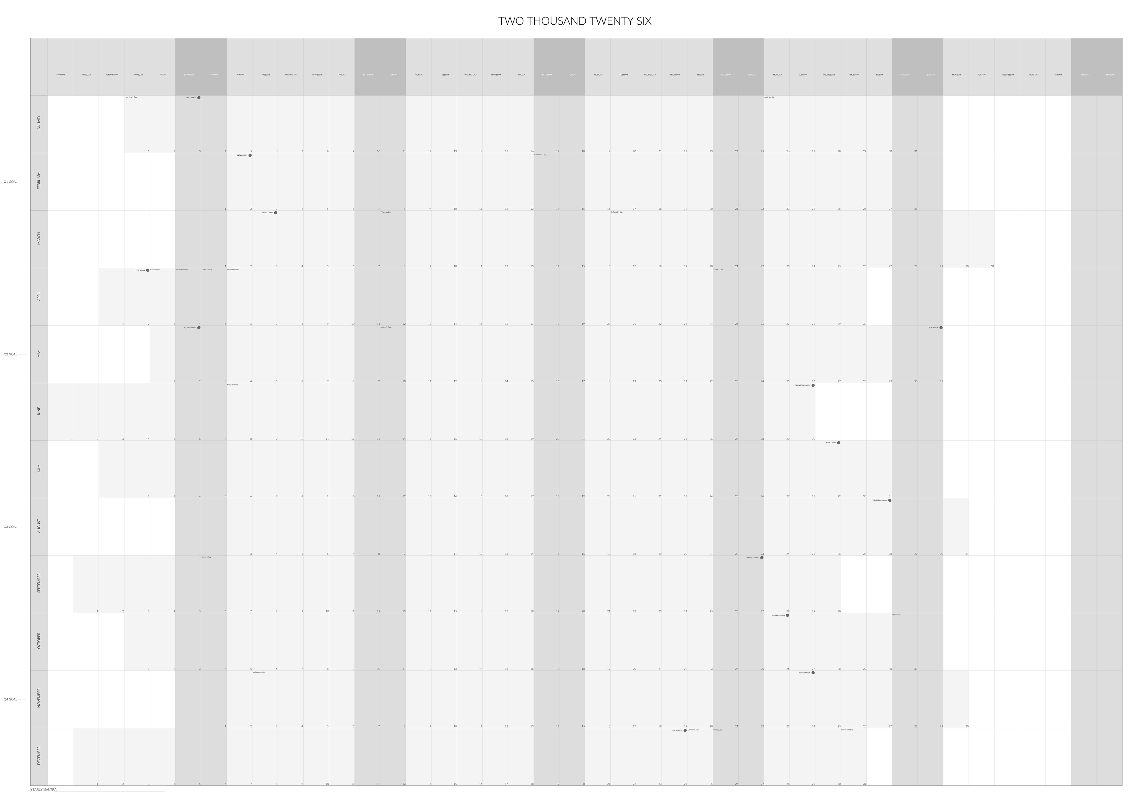 2026 Year-at-a-Glance Rainbow Monthly Calendar — Digital Download