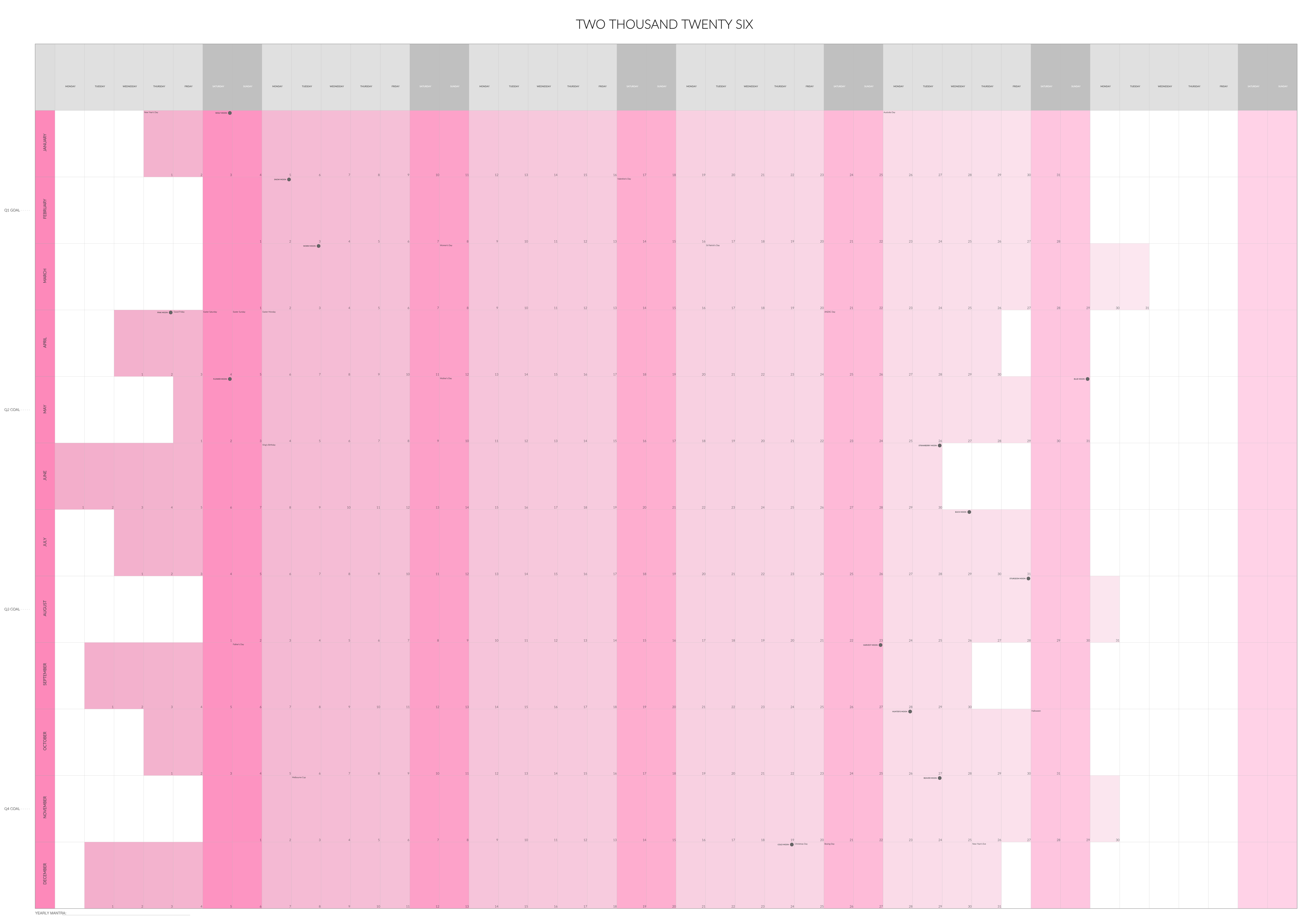 2026 Year-at-a-Glance Rainbow Monthly Calendar — Digital Download