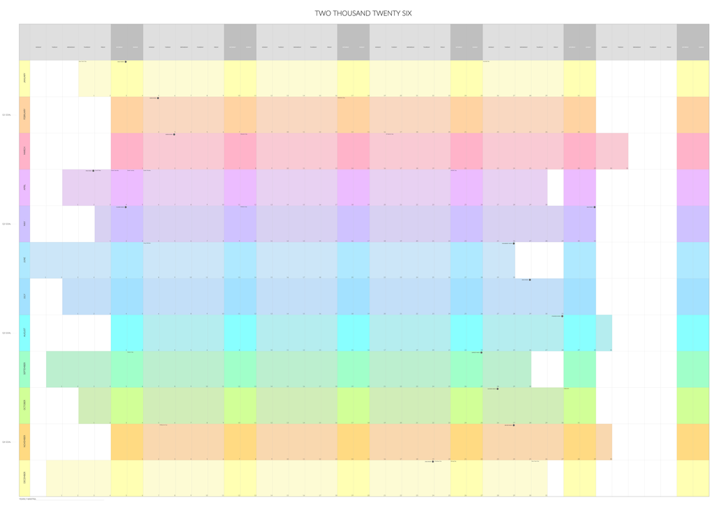 2026 Year-at-a-Glance Rainbow Monthly Calendar — Digital Download