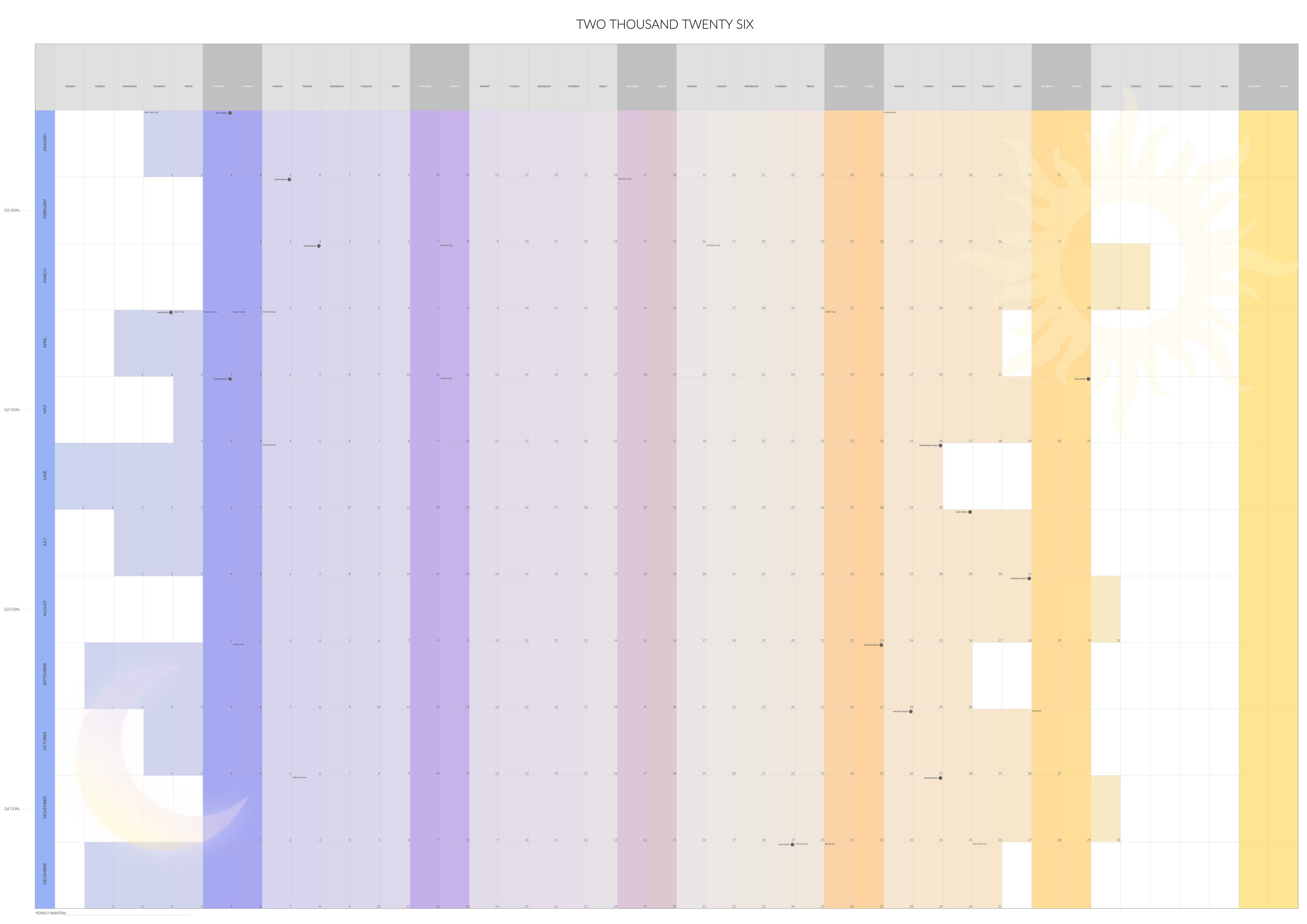 2026 Year-at-a-Glance Monthly Calendar — Digital Download